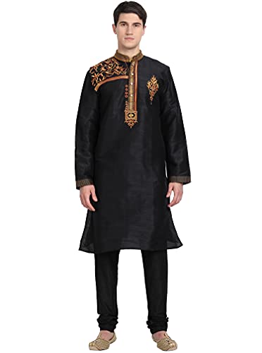 SKAVIJ Herren-Kurta-Pyjama-Set Indische Tunika Kunst Seide Partykleid Outfit (Groß, Schwarz) von SKAVIJ