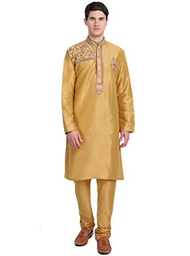 SKAVIJ Herren-Kurta-Pyjama-Set Indische Tunika Kunst Seide Partykleid Outfit (Große, Gold) von SKAVIJ