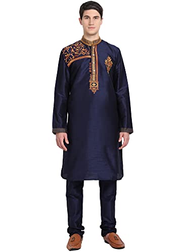 SKAVIJ Herren-Kurta-Pyjama-Set Indische Tunika Kunst Seide Partykleid Outfit (Klein, Blau) von SKAVIJ