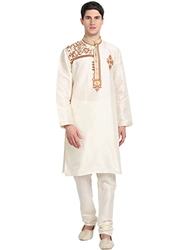 SKAVIJ Herren-Kurta-Pyjama-Set Indische Tunika Kunst Seide Partykleid Outfit (Klein, Elfenbeinfarben) von SKAVIJ