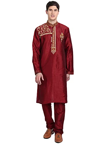 SKAVIJ Herren-Kurta-Pyjama-Set Indische Tunika Kunst Seide Partykleid Outfit (Mittel, Rot) von SKAVIJ