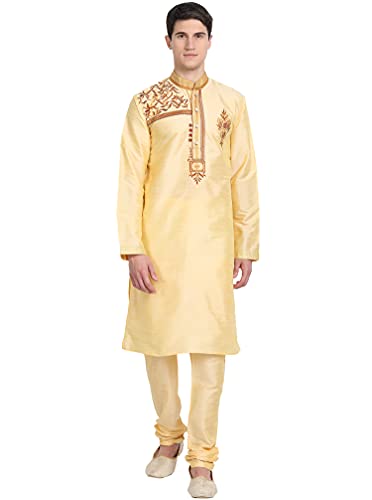 SKAVIJ Herren-Kurta-Pyjama-Set Indische Tunika Kunst Seide Partykleid Outfit (X-Large, Beige) von SKAVIJ