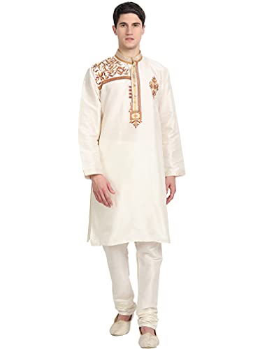 SKAVIJ Herren-Kurta-Pyjama-Set Indische Tunika Kunst Seide Partykleid Outfit (X-Large, Elfenbeinfarben) von SKAVIJ