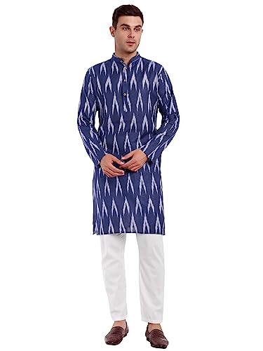 SKAVIJ Herren-Kurta-Pyjama-Set aus 100% Baumwolle, indisches Ethno-Henley-Hemd, Lange Ärmel, Freizeithose, Yoga-Outfits (Marine, Small) von SKAVIJ