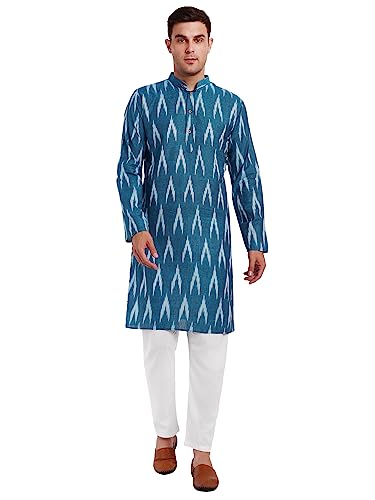 SKAVIJ Herren-Kurta-Pyjama-Set aus 100% Baumwolle, indisches Ethno-Henley-Hemd, lange Ärmel, Freizeithose, Yoga-Outfits (Turkis, X-Large) von SKAVIJ