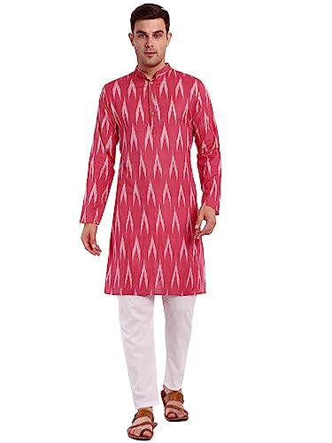 SKAVIJ Herren-Kurta-Pyjama-Set aus 100% Baumwolle, indisches Ethno-Henley-Hemd, lange Ärmel, Freizeithose, Yoga-Outfits (Rot, X-Large) von SKAVIJ