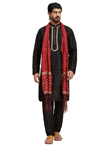 SKAVIJ Herren Kurta Pyjama und Stola Indische Ethnisch Outfit Set (Schwarz, XL) von SKAVIJ