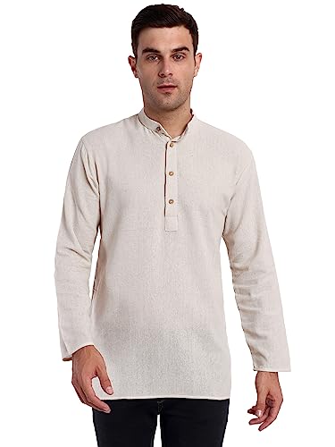 SKAVIJ Herren Tunika Baumwolle Knopf Runter Kurta Sommer Beiläufig Hemd Nicht-Gerade Weiss XL von SKAVIJ