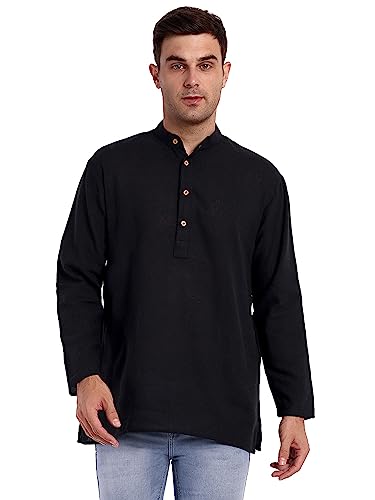 SKAVIJ Herren Tunika Baumwolle Knopf Runter Kurta Sommer Beiläufig Hemd Schwarz L von SKAVIJ