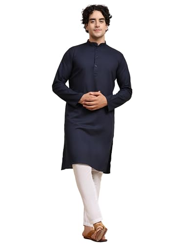 SKAVIJ Herren Tunika Baumwolle Kurta Schlafanzug indisch Yoga Zwanglos Kleid Satz (Blau, M) von SKAVIJ