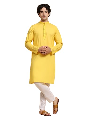 SKAVIJ Herren Tunika Baumwolle Kurta Schlafanzug indisch Yoga Zwanglos Kleid Satz (Gold, M) von SKAVIJ