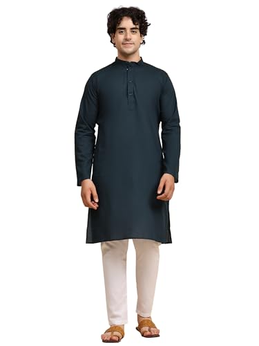 SKAVIJ Herren Tunika Baumwolle Kurta Schlafanzug indisch Yoga Zwanglos Kleid Satz (Grün, L) von SKAVIJ