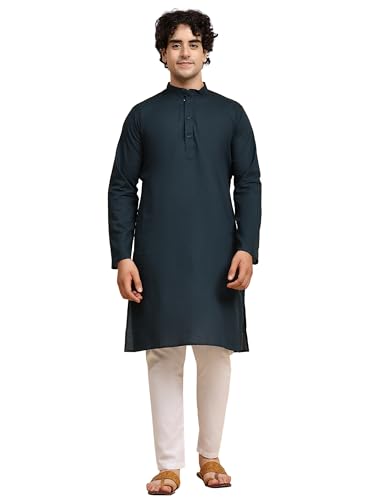 SKAVIJ Herren Tunika Baumwolle Kurta Schlafanzug indisch Yoga Zwanglos Kleid Satz (Grün, XL) von SKAVIJ