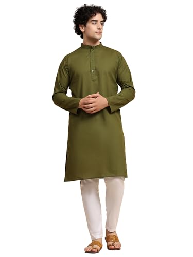 SKAVIJ Herren Tunika Baumwolle Kurta Schlafanzug indisch Yoga Zwanglos Kleid Satz (Olivgrün, L) von SKAVIJ