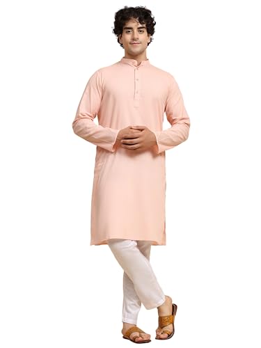 SKAVIJ Herren Tunika Baumwolle Kurta Schlafanzug indisch Yoga Zwanglos Kleid Satz (Rosa, XL) von SKAVIJ