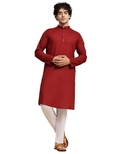 SKAVIJ Herren Tunika Baumwolle Kurta Schlafanzug indisch Yoga Zwanglos Kleid Satz (Rot, L) von SKAVIJ