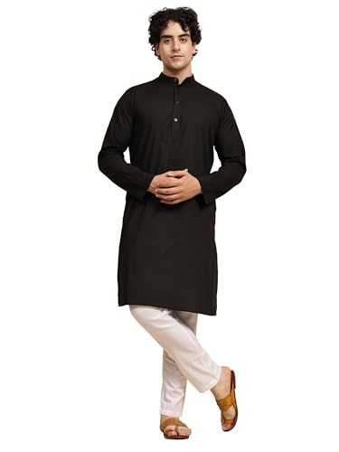 SKAVIJ Herren Tunika Baumwolle Kurta Schlafanzug indisch Yoga Zwanglos Kleid Satz (Schwarz, XL) von SKAVIJ