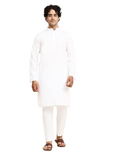 SKAVIJ Herren Tunika Baumwolle Kurta Schlafanzug indisch Yoga Zwanglos Kleid Satz (Weiß, S) von SKAVIJ