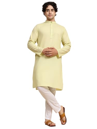 SKAVIJ Herren Tunika Baumwolle Kurta Schlafanzug indisch Yoga Zwanglos Kleid Satz (Zitrone, S) von SKAVIJ