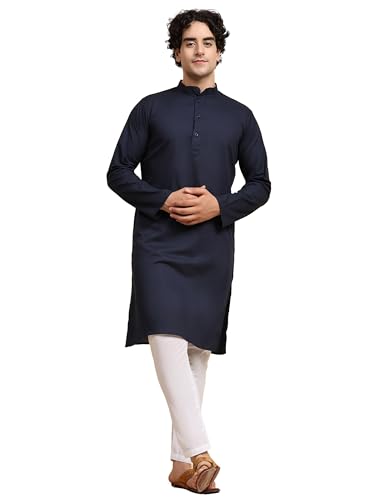 SKAVIJ Herren Tunika Baumwolle Kurta Schlafanzug indisch Yoga Zwanglos Kleid Satz Blau_3XL von SKAVIJ