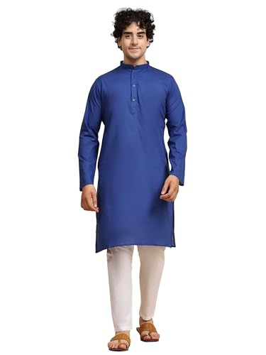 SKAVIJ Herren Tunika Baumwolle Kurta Schlafanzug indisch Yoga Zwanglos Kleid Satz Königsblau_3XL von SKAVIJ