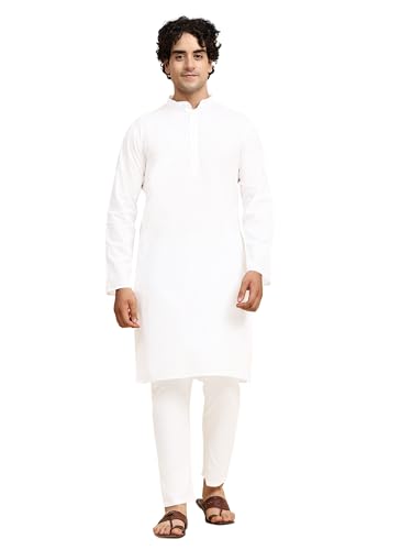 SKAVIJ Herren Tunika Baumwolle Kurta Schlafanzug indisch Yoga Zwanglos Kleid Satz Weiß_3XL von SKAVIJ