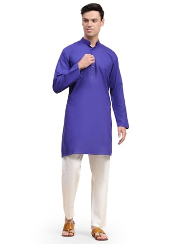 SKAVIJ Herren Tunika Baumwolle Sommer Kurta Pyjama Set Indisches Outfit (Blau, XL) von SKAVIJ