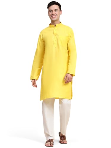 SKAVIJ Herren Tunika Baumwolle Sommer Kurta Pyjama Set Indisches Outfit (Gelb, L) von SKAVIJ