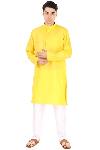 SKAVIJ Herren Tunika Baumwolle Sommer Kurta Pyjama Set Indisches Outfit (Gelb, M) von SKAVIJ