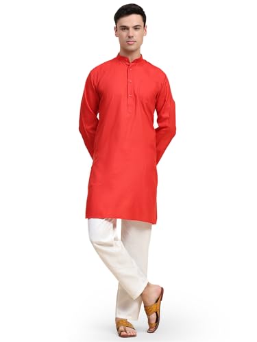 SKAVIJ Herren Tunika Baumwolle Sommer Kurta Pyjama Set Indisches Outfit (Rot, L) von SKAVIJ