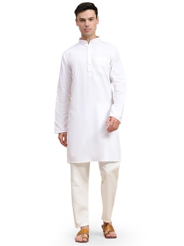 SKAVIJ Herren Tunika Baumwolle Sommer Kurta Pyjama Set Indisches Outfit (Weiß, L) von SKAVIJ