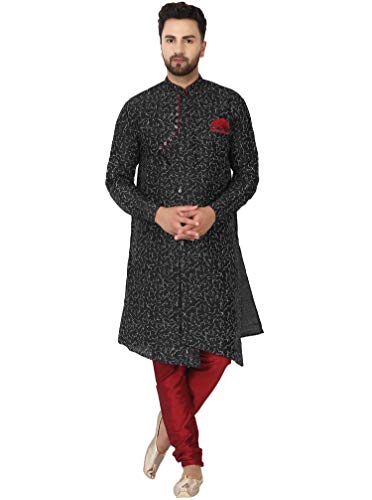 SKAVIJ Herren-Tunika Dupion Kunst Seide Kurta-Pyjama-Set Indischen Traditionellen Verschleiß (S, Schwarz) von SKAVIJ