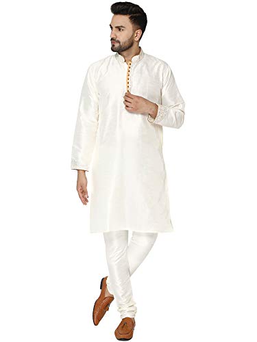 SKAVIJ Herren Tunika Gestickt Kurta Pyjama Hochzeit Party Kleid Set (Nicht-Gerade Weiss, M) von SKAVIJ