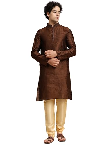 SKAVIJ Herren Tunika Indische Kurta Pajama Traditionelle Outfit Set (Dunkelbraun, M) von SKAVIJ