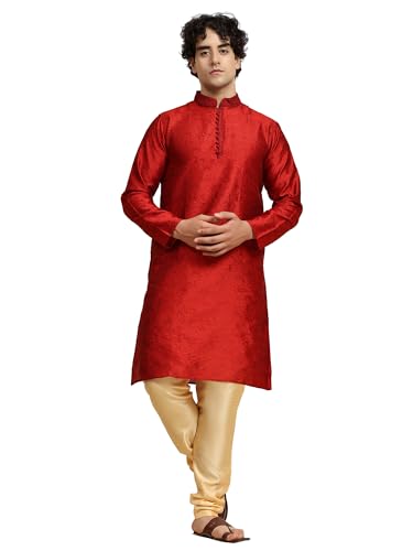 SKAVIJ Herren Tunika Indische Kurta Pajama Traditionelle Outfit Set (Rot, XL) von SKAVIJ