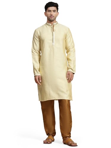 SKAVIJ Herren Tunika Jacquardseide Kurta Pyjama Set Party Kleid (XL, Beige) von SKAVIJ
