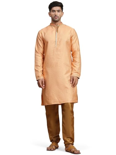 SKAVIJ Herren Tunika Jacquardseide Kurta Pyjama Set Party Kleid (XL, Orange) von SKAVIJ