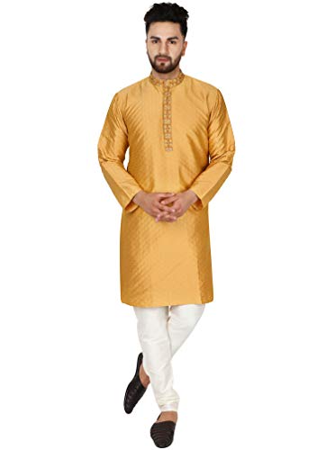 SKAVIJ Herren Tunika Kariert Kurta Pyjama Hochzeit Partei Kleid Set (Gold, XL) von SKAVIJ