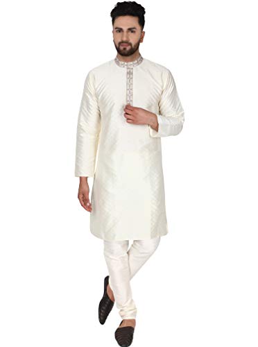 SKAVIJ Herren Tunika Kariert Kurta Pyjama Hochzeit Partei Kleid Set (Nicht-Gerade Weiss, L) von SKAVIJ