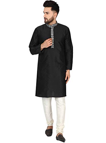 SKAVIJ Herren Tunika Kariert Kurta Pyjama Hochzeit Partei Kleid Set (Schwarz, L) von SKAVIJ