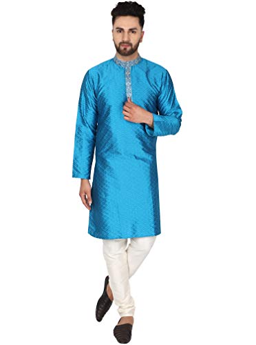 SKAVIJ Herren Tunika Kariert Kurta Pyjama Hochzeit Partei Kleid Set (Türkis, S) von SKAVIJ