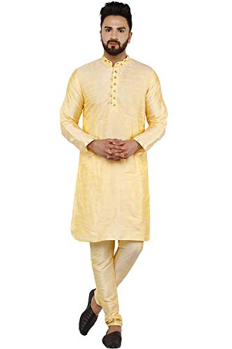 SKAVIJ Herren Tunika Kunst Seide Kurta-Pyjama-Set ethnisch indische Kleidung Anzug (Beige, S) von SKAVIJ