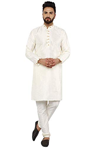 SKAVIJ Herren Tunika Kunst Seide Kurta-Pyjama-Set ethnisch indische Kleidung Anzug (Nicht-Gerade Weiss, L) von SKAVIJ