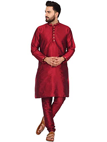 SKAVIJ Herren Tunika Kunst Seide Kurta-Pyjama-Set ethnisch indische Kleidung Anzug (Rot, M) von SKAVIJ