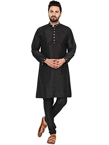 SKAVIJ Herren Tunika Kunst Seide Kurta-Pyjama-Set ethnisch indische Kleidung Anzug (Schwarz, L) von SKAVIJ