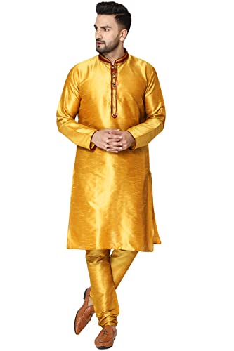 SKAVIJ Herren Tunika Kunstseide Kurta Pyjama Set indisches Ethno Kleid (Gold, XL) von SKAVIJ