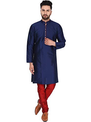 SKAVIJ Herren Tunika Kurta Pyjama Kariert Party Bekleidung Kleid (Blau, S) von SKAVIJ