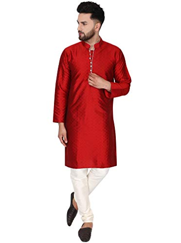 SKAVIJ Herren Tunika Kurta Pyjama Kariert Party Bekleidung Kleid (Rot, L) von SKAVIJ