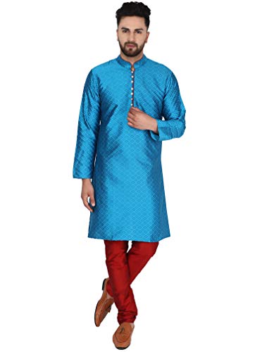 SKAVIJ Herren Tunika Kurta Pyjama Kariert Party Bekleidung Kleid (Türkis, L) von SKAVIJ