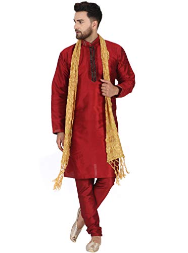 SKAVIJ Herren Tunika Kurta Pyjama und Stola Party Kleid (Rot, XL) von SKAVIJ